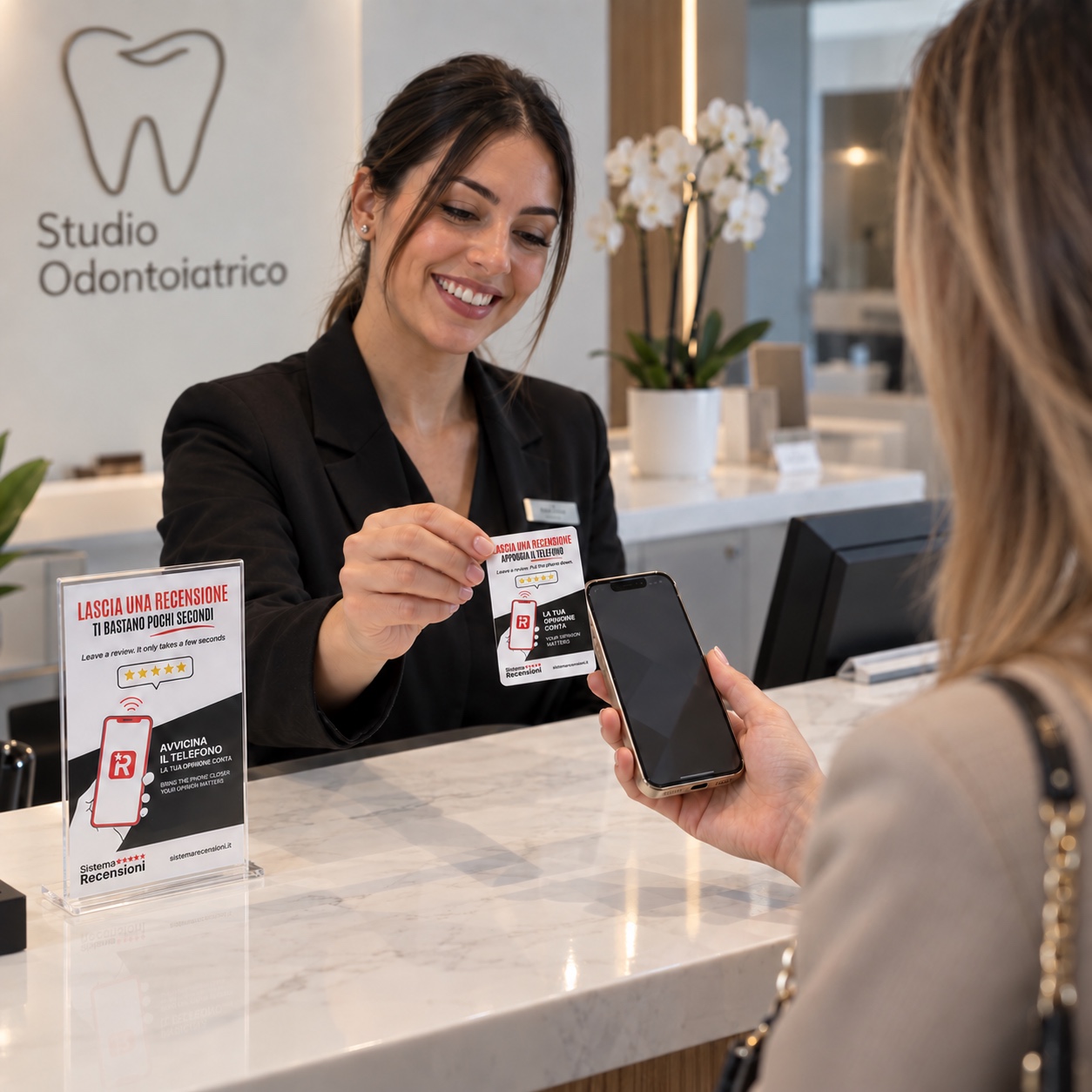 Una paziente avvicina il telefono alla card NFC nello studio dentistico
